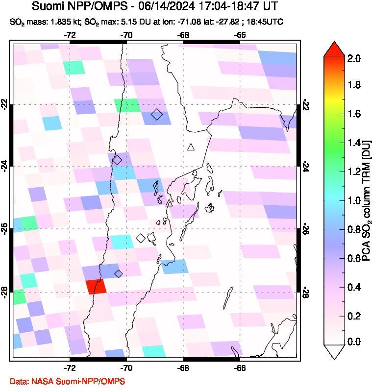 A sulfur dioxide image over Northern Chile on Jun 14, 2024.