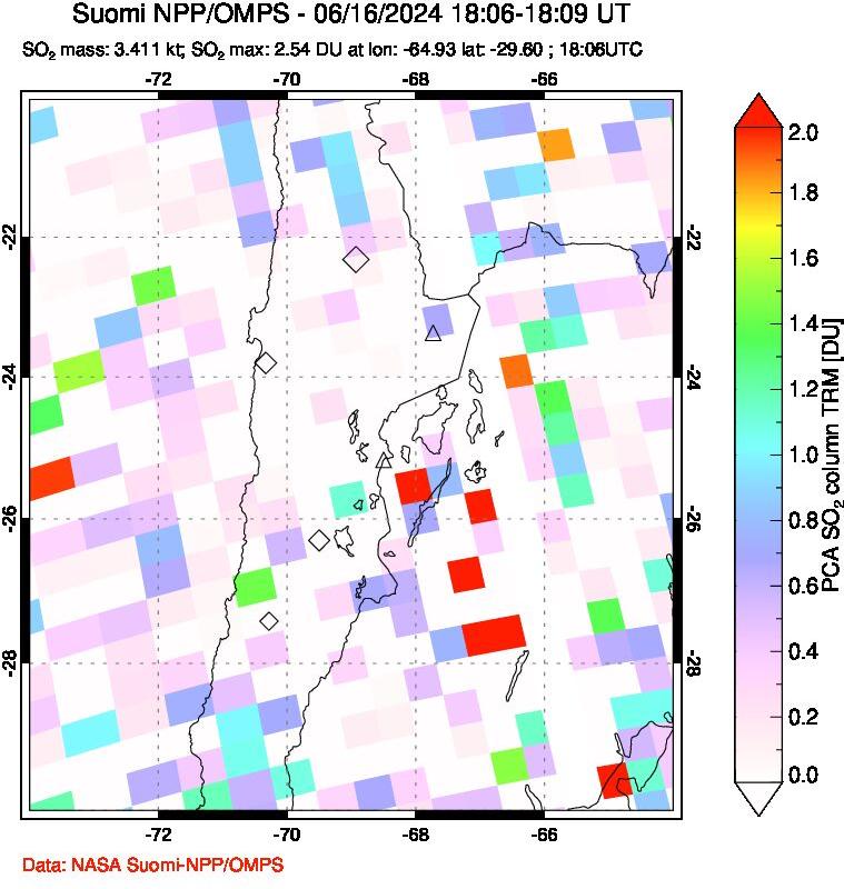 A sulfur dioxide image over Northern Chile on Jun 16, 2024.