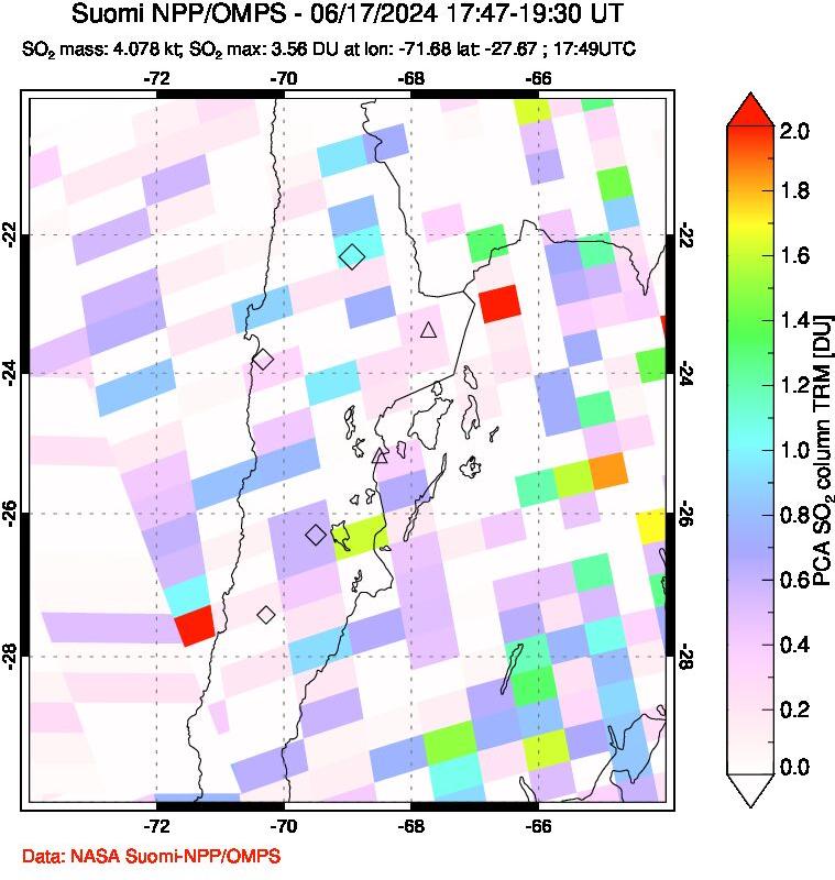 A sulfur dioxide image over Northern Chile on Jun 17, 2024.