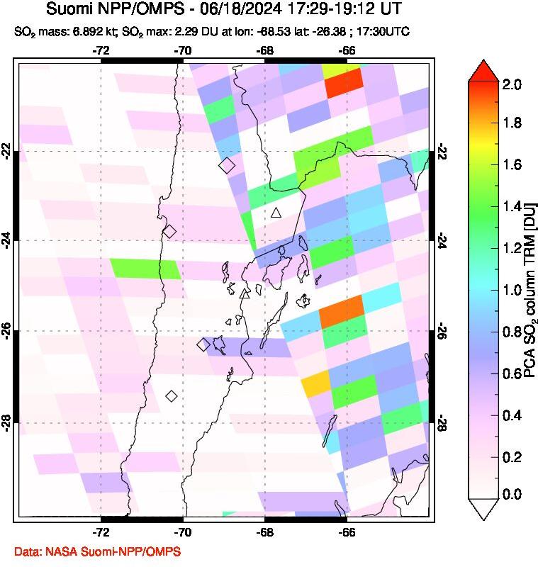 A sulfur dioxide image over Northern Chile on Jun 18, 2024.