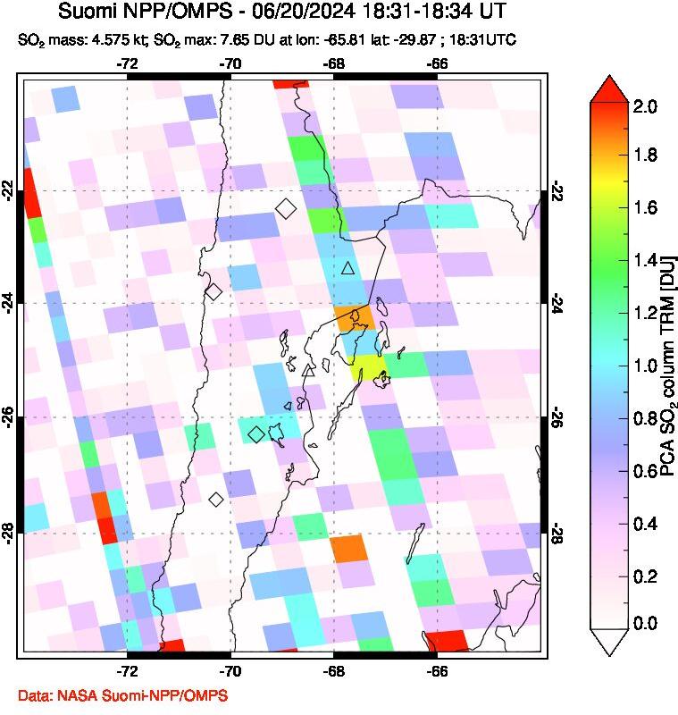 A sulfur dioxide image over Northern Chile on Jun 20, 2024.