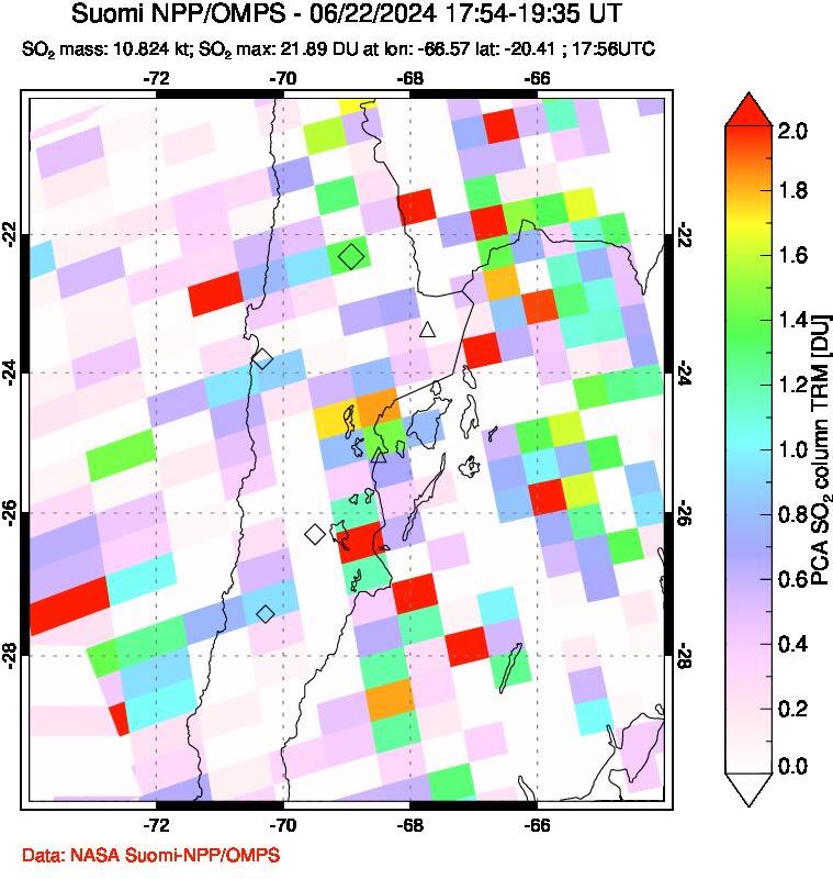 A sulfur dioxide image over Northern Chile on Jun 22, 2024.