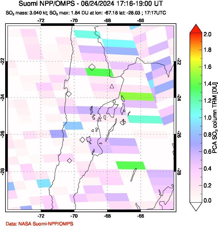 A sulfur dioxide image over Northern Chile on Jun 24, 2024.