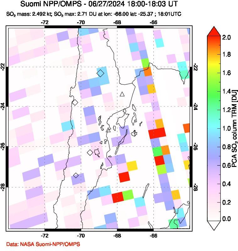 A sulfur dioxide image over Northern Chile on Jun 27, 2024.