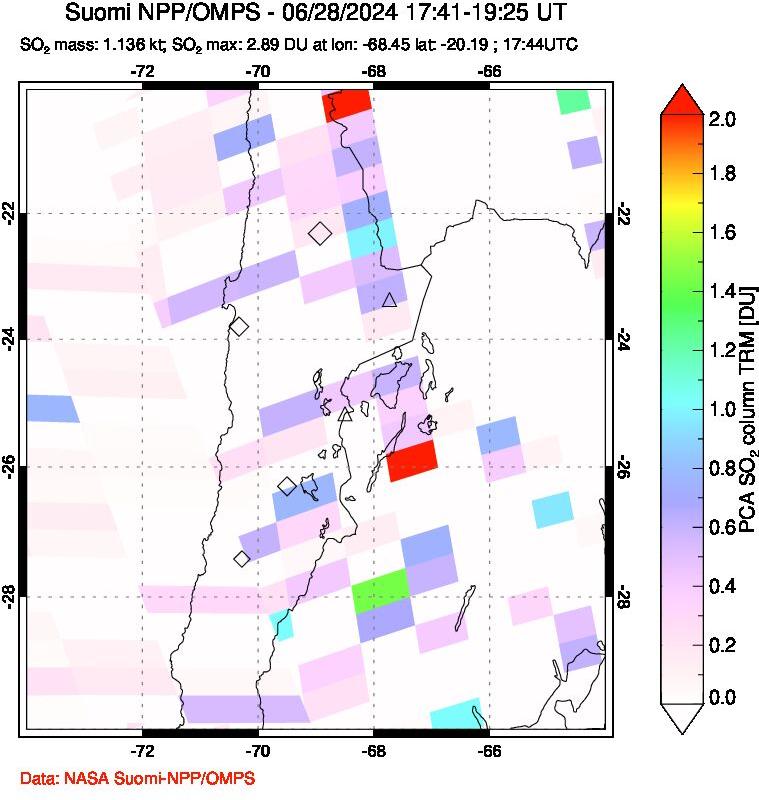 A sulfur dioxide image over Northern Chile on Jun 28, 2024.