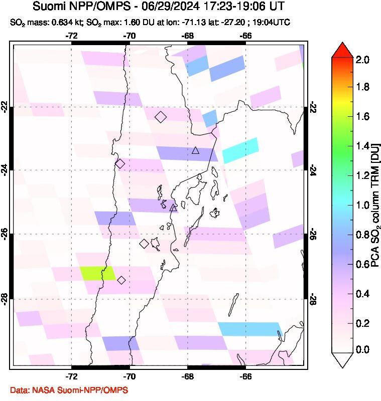 A sulfur dioxide image over Northern Chile on Jun 29, 2024.