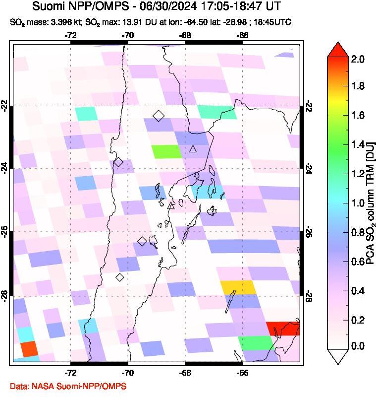 A sulfur dioxide image over Northern Chile on Jun 30, 2024.