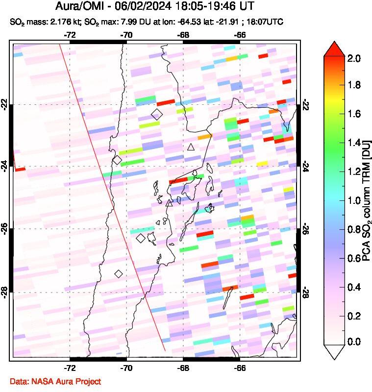 A sulfur dioxide image over Northern Chile on Jun 02, 2024.