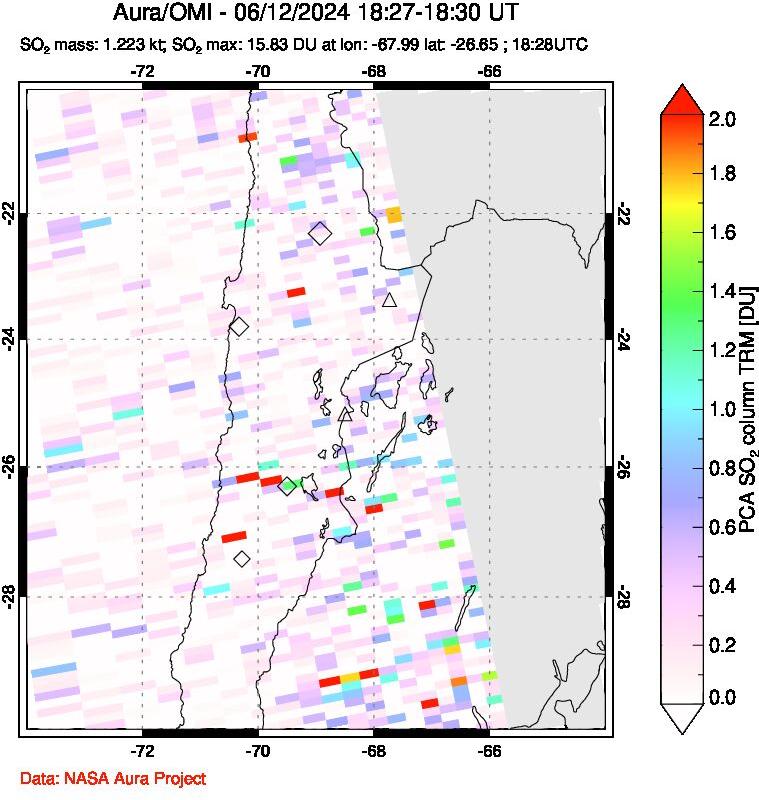 A sulfur dioxide image over Northern Chile on Jun 12, 2024.