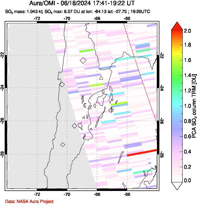 A sulfur dioxide image over Northern Chile on Jun 18, 2024.