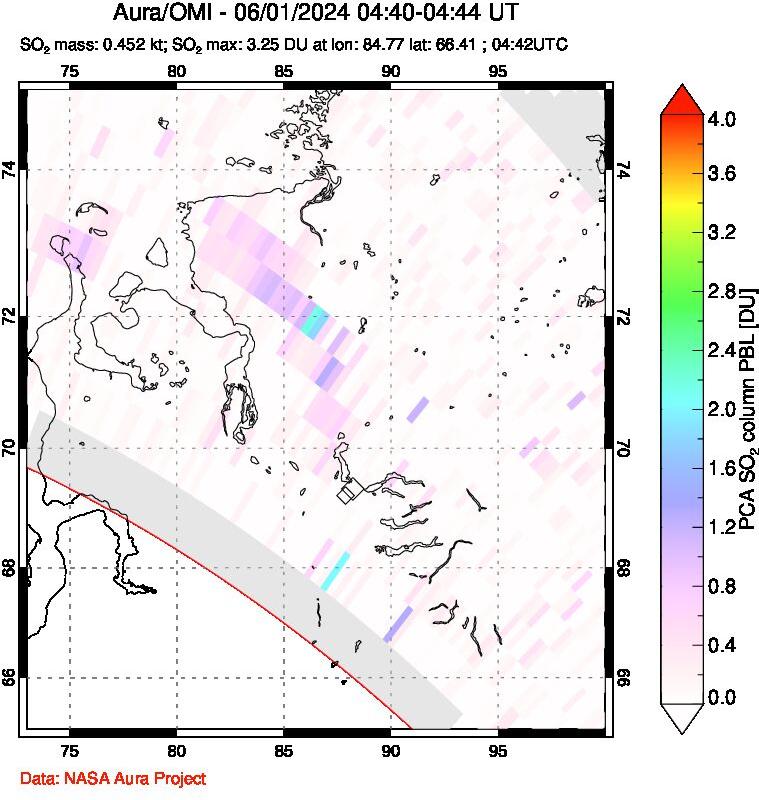 A sulfur dioxide image over Norilsk, Russian Federation on Jun 01, 2024.