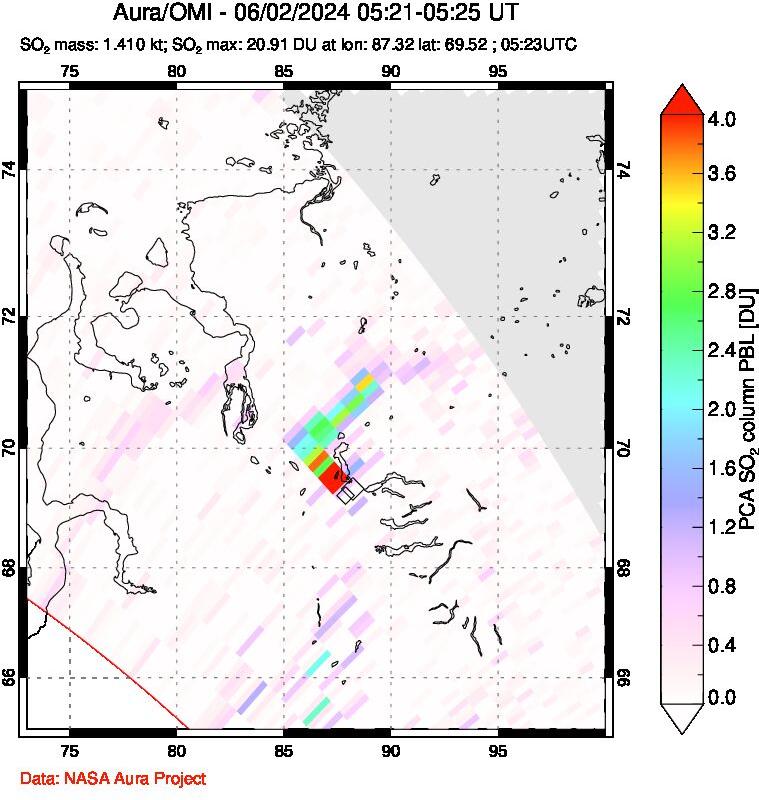 A sulfur dioxide image over Norilsk, Russian Federation on Jun 02, 2024.