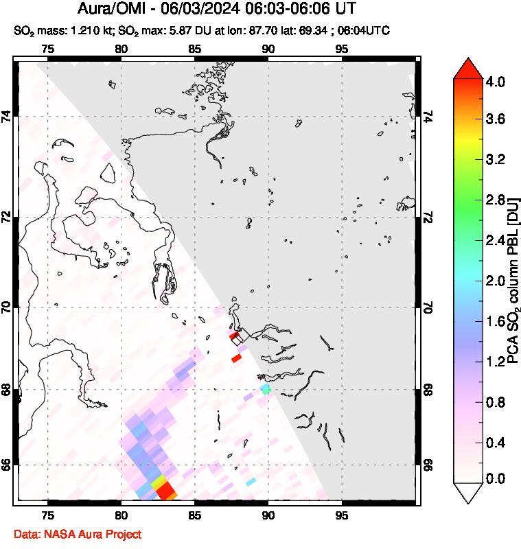 A sulfur dioxide image over Norilsk, Russian Federation on Jun 03, 2024.