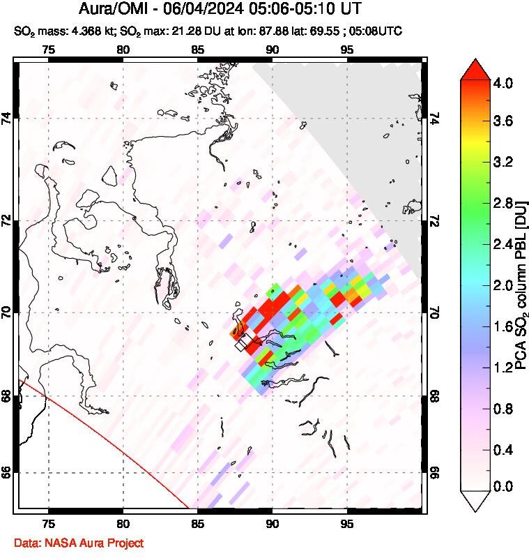 A sulfur dioxide image over Norilsk, Russian Federation on Jun 04, 2024.