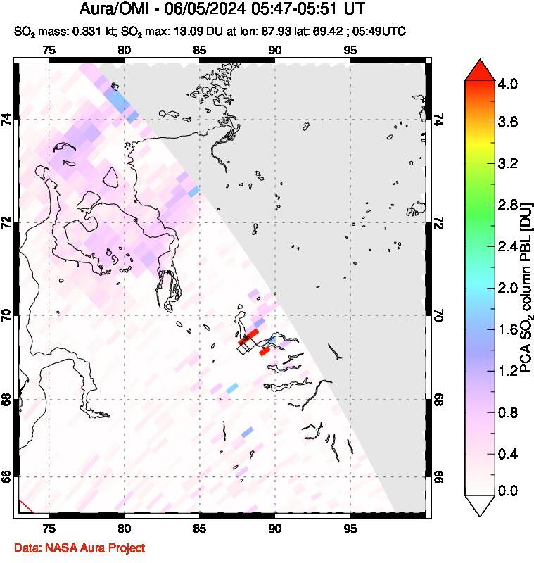 A sulfur dioxide image over Norilsk, Russian Federation on Jun 05, 2024.