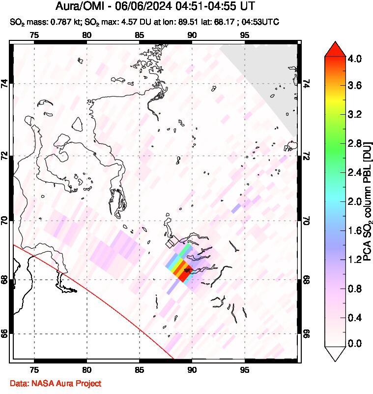 A sulfur dioxide image over Norilsk, Russian Federation on Jun 06, 2024.