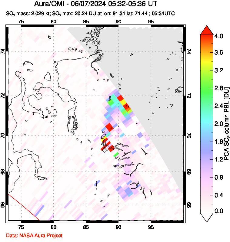 A sulfur dioxide image over Norilsk, Russian Federation on Jun 07, 2024.