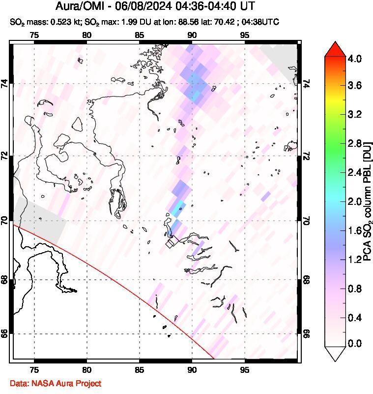 A sulfur dioxide image over Norilsk, Russian Federation on Jun 08, 2024.