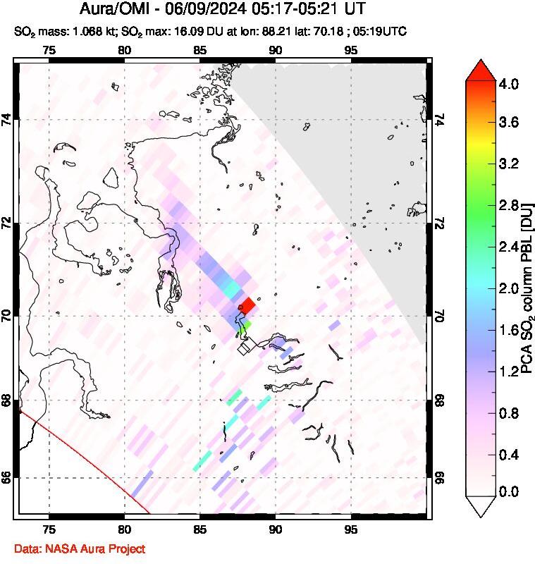 A sulfur dioxide image over Norilsk, Russian Federation on Jun 09, 2024.