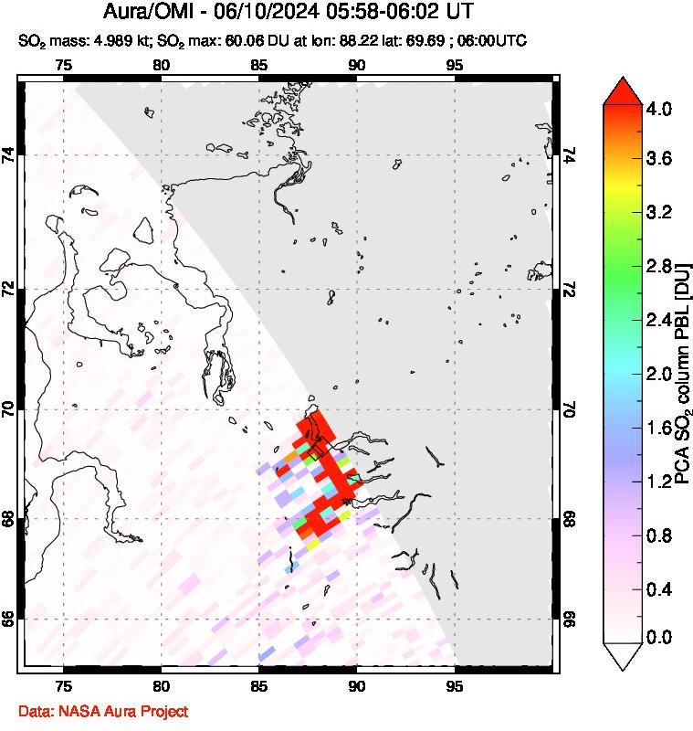 A sulfur dioxide image over Norilsk, Russian Federation on Jun 10, 2024.