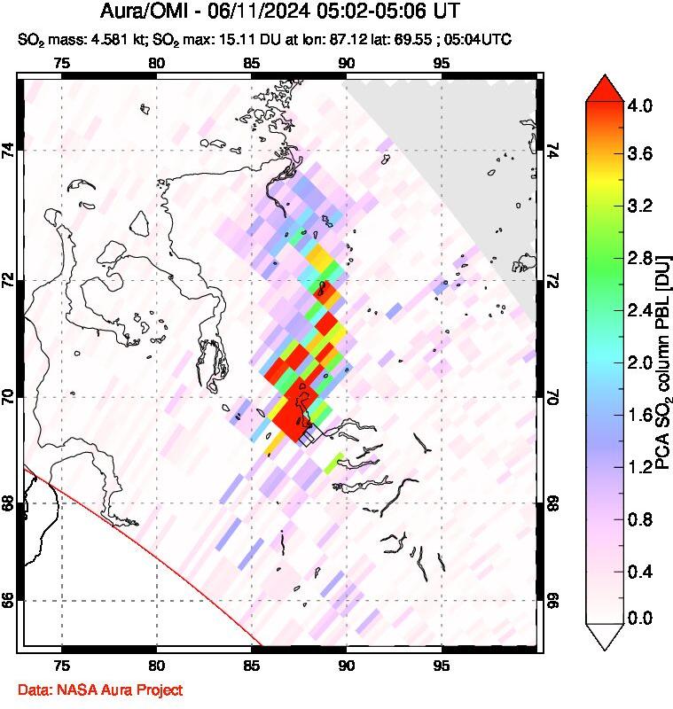 A sulfur dioxide image over Norilsk, Russian Federation on Jun 11, 2024.