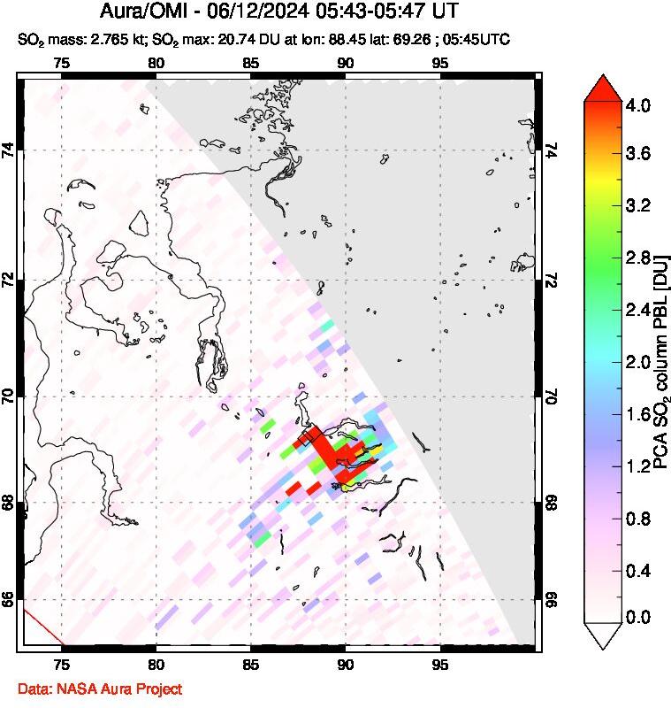 A sulfur dioxide image over Norilsk, Russian Federation on Jun 12, 2024.