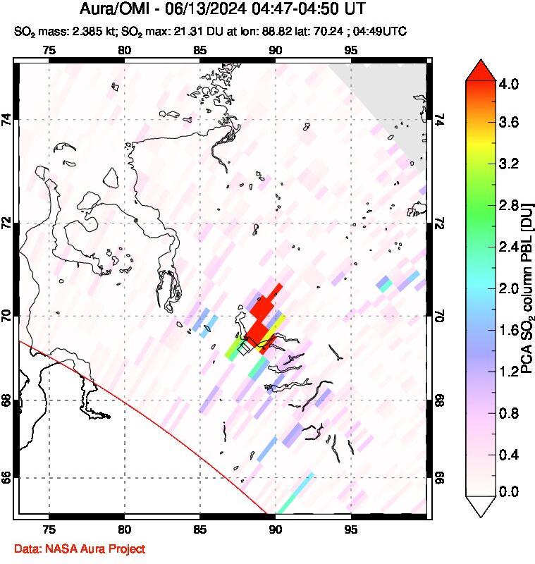 A sulfur dioxide image over Norilsk, Russian Federation on Jun 13, 2024.