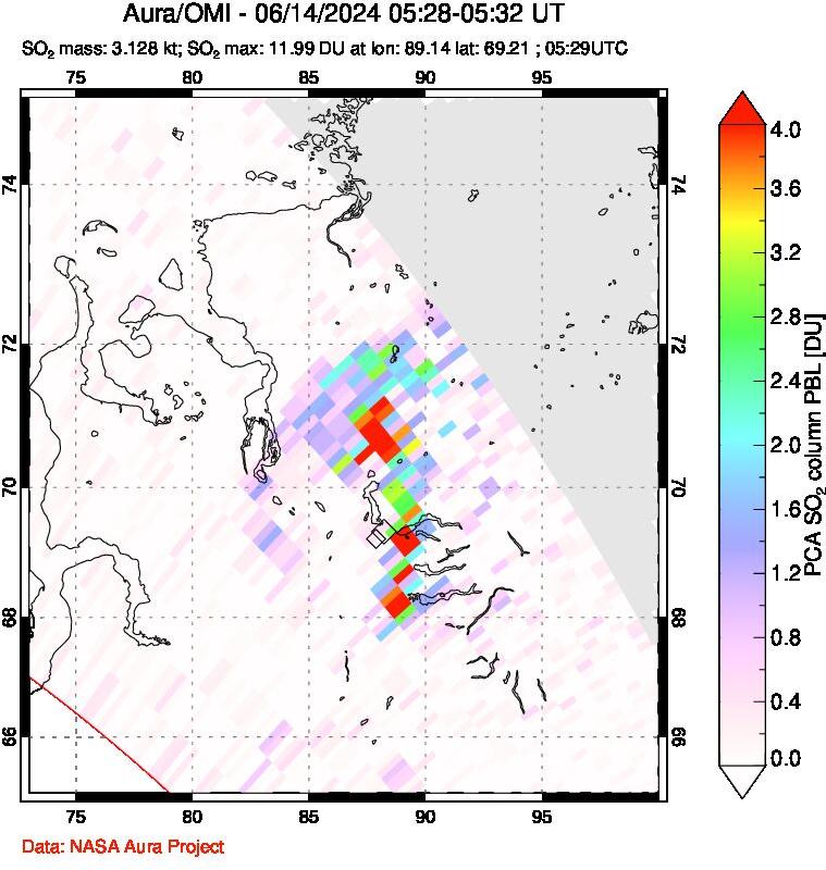 A sulfur dioxide image over Norilsk, Russian Federation on Jun 14, 2024.