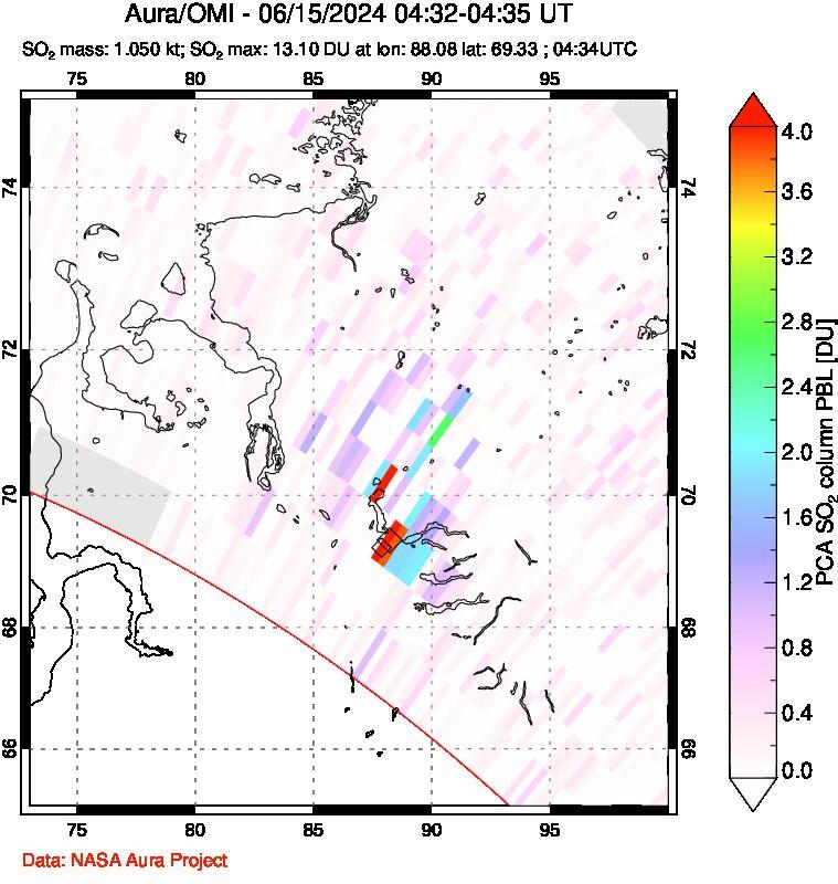 A sulfur dioxide image over Norilsk, Russian Federation on Jun 15, 2024.