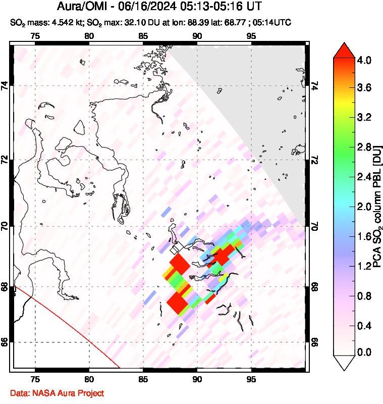 A sulfur dioxide image over Norilsk, Russian Federation on Jun 16, 2024.