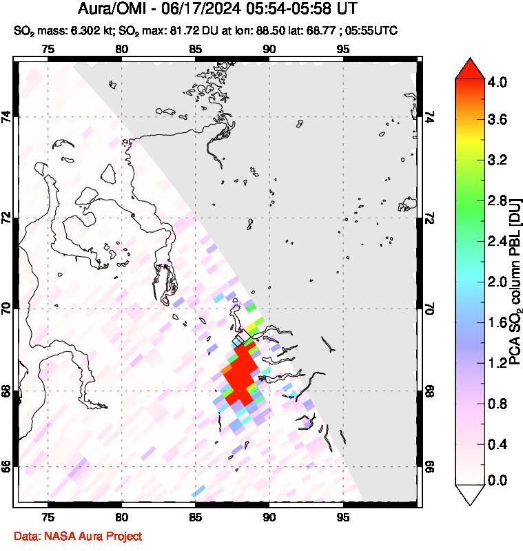 A sulfur dioxide image over Norilsk, Russian Federation on Jun 17, 2024.