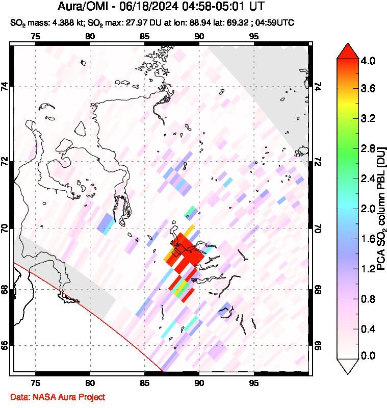 A sulfur dioxide image over Norilsk, Russian Federation on Jun 18, 2024.