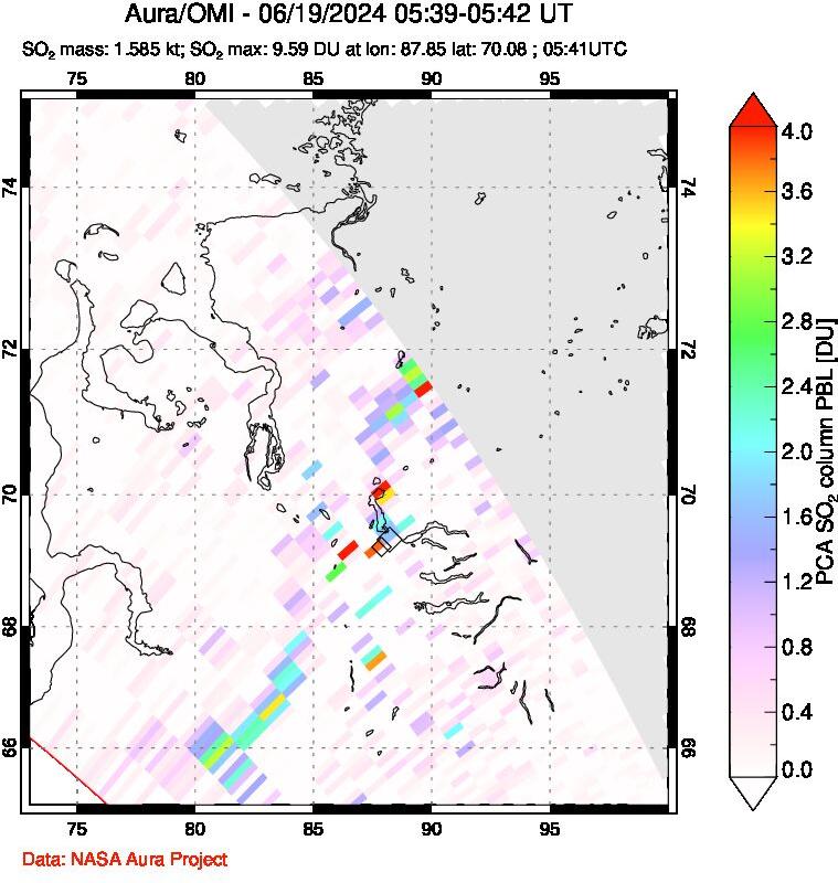 A sulfur dioxide image over Norilsk, Russian Federation on Jun 19, 2024.