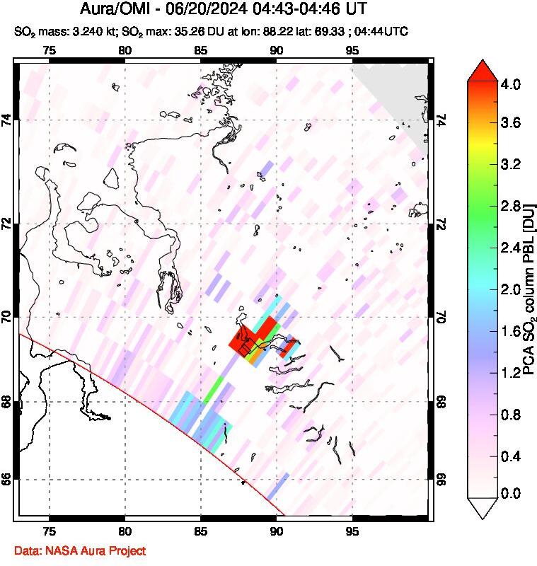 A sulfur dioxide image over Norilsk, Russian Federation on Jun 20, 2024.