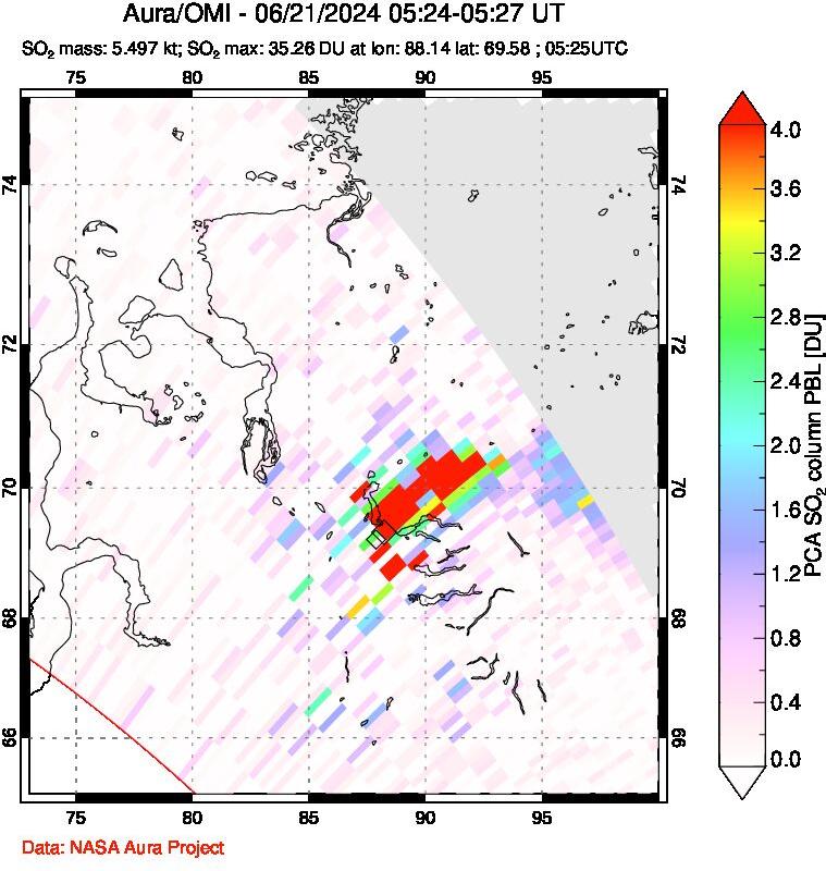 A sulfur dioxide image over Norilsk, Russian Federation on Jun 21, 2024.