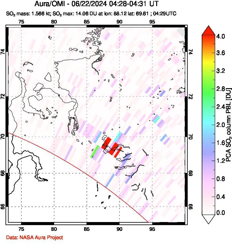 A sulfur dioxide image over Norilsk, Russian Federation on Jun 22, 2024.