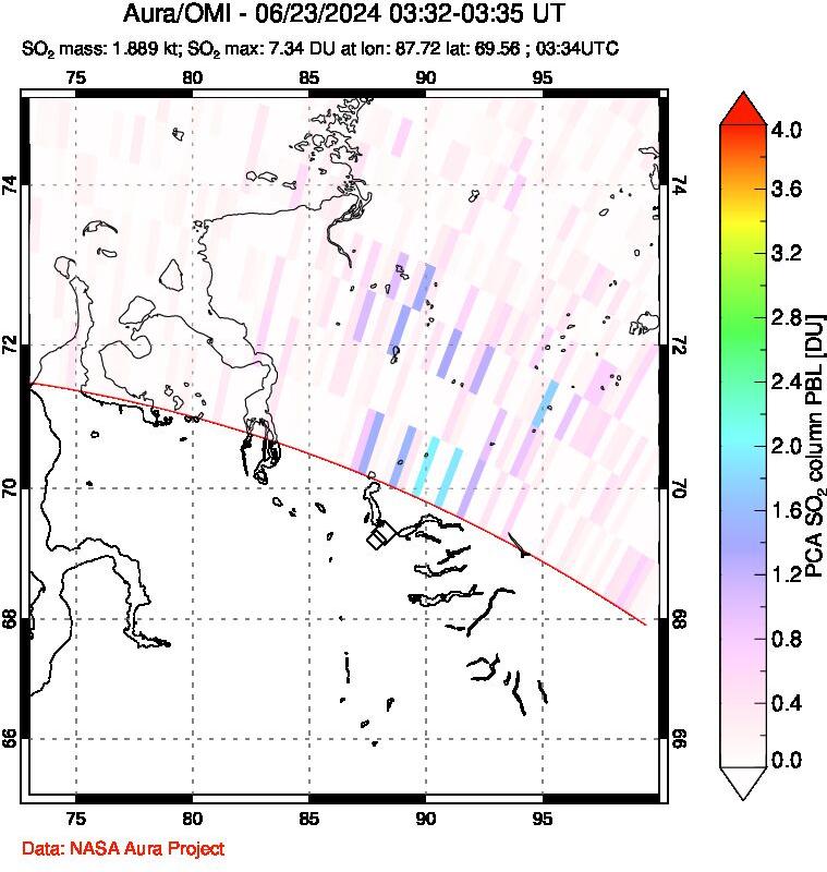 A sulfur dioxide image over Norilsk, Russian Federation on Jun 23, 2024.