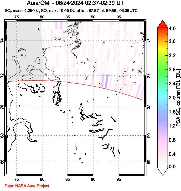 A sulfur dioxide image over Norilsk, Russian Federation on Jun 24, 2024.