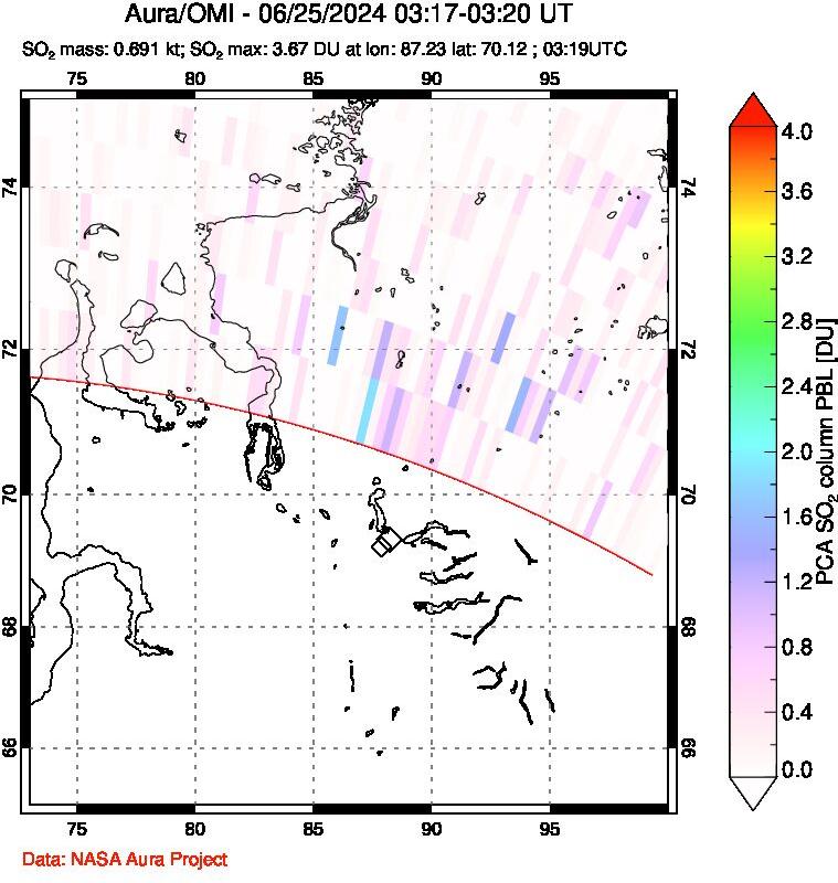 A sulfur dioxide image over Norilsk, Russian Federation on Jun 25, 2024.