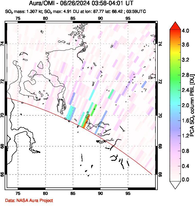 A sulfur dioxide image over Norilsk, Russian Federation on Jun 26, 2024.