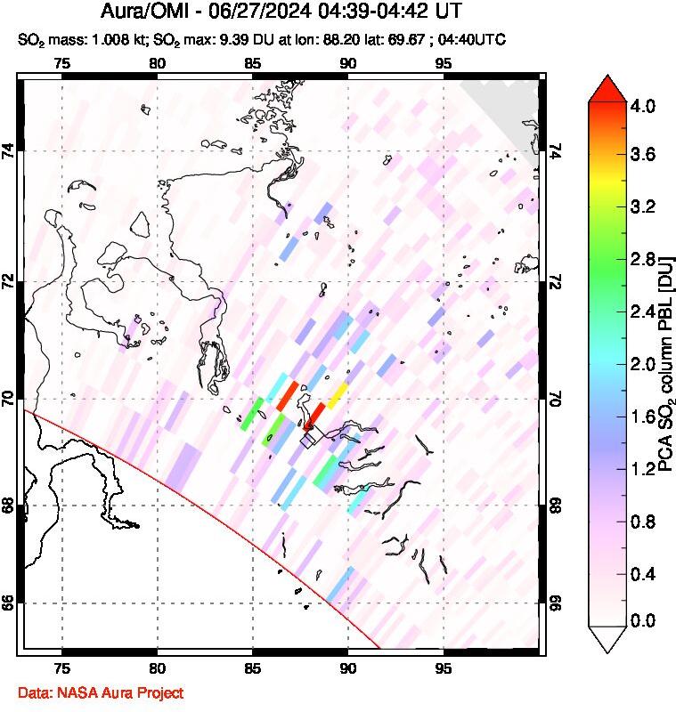 A sulfur dioxide image over Norilsk, Russian Federation on Jun 27, 2024.