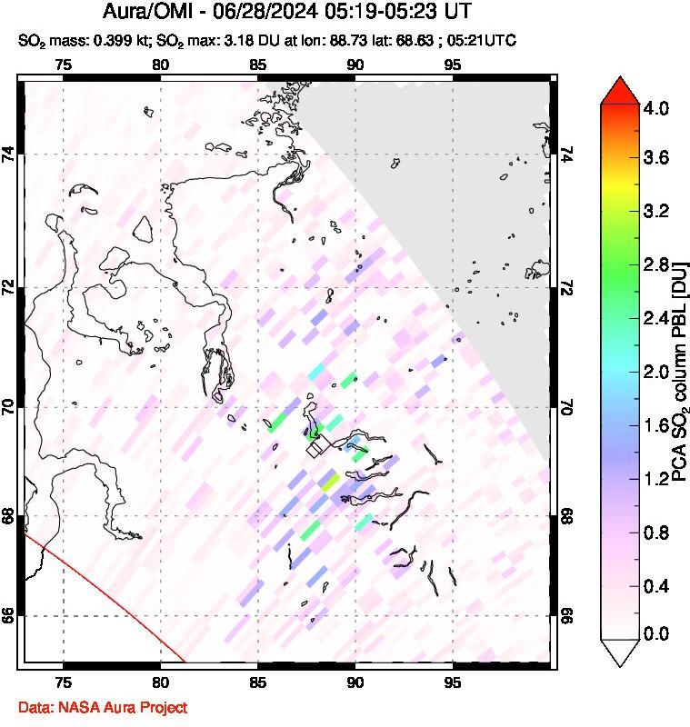 A sulfur dioxide image over Norilsk, Russian Federation on Jun 28, 2024.