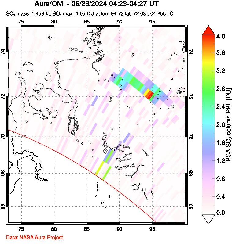 A sulfur dioxide image over Norilsk, Russian Federation on Jun 29, 2024.