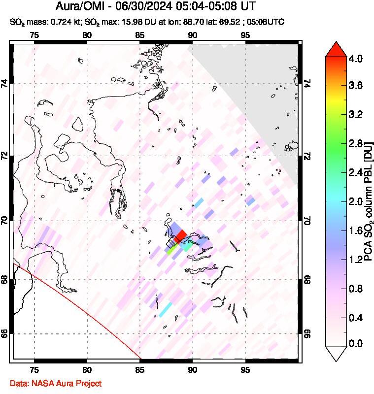 A sulfur dioxide image over Norilsk, Russian Federation on Jun 30, 2024.