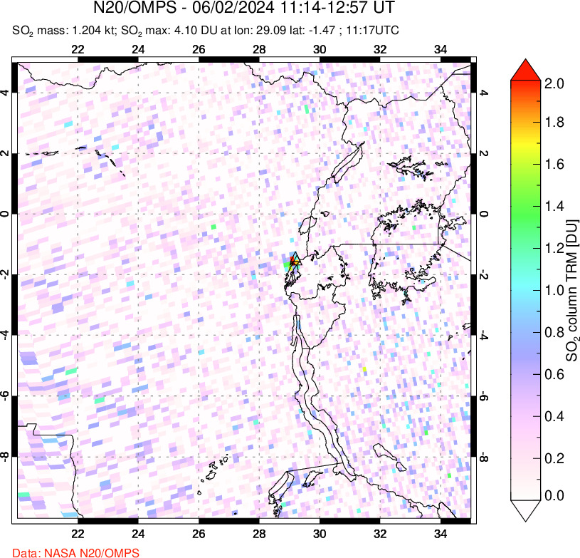 A sulfur dioxide image over Nyiragongo, DR Congo on Jun 02, 2024.