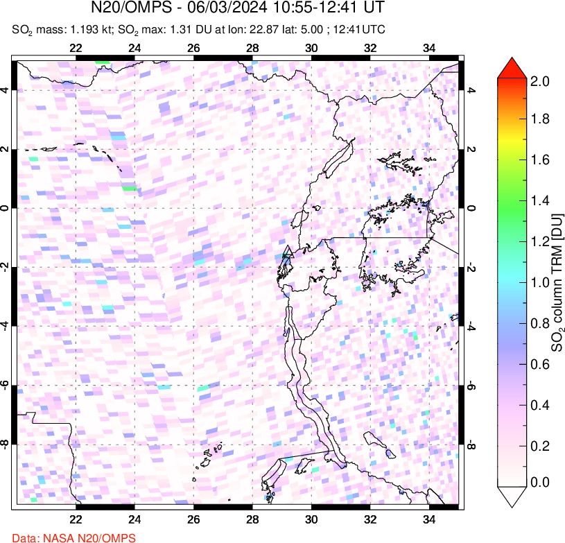 A sulfur dioxide image over Nyiragongo, DR Congo on Jun 03, 2024.