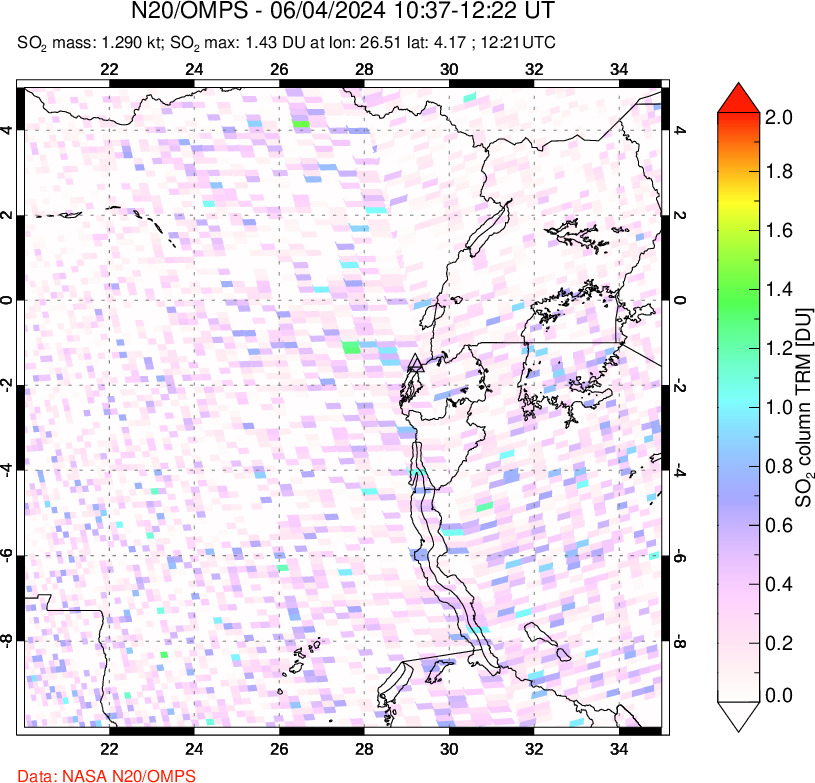 A sulfur dioxide image over Nyiragongo, DR Congo on Jun 04, 2024.