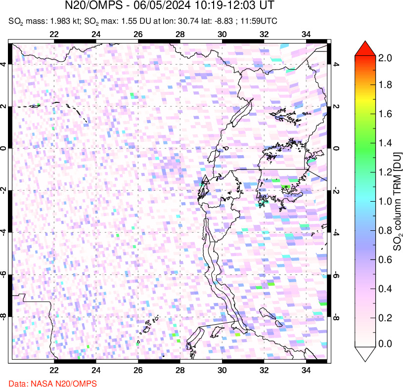 A sulfur dioxide image over Nyiragongo, DR Congo on Jun 05, 2024.