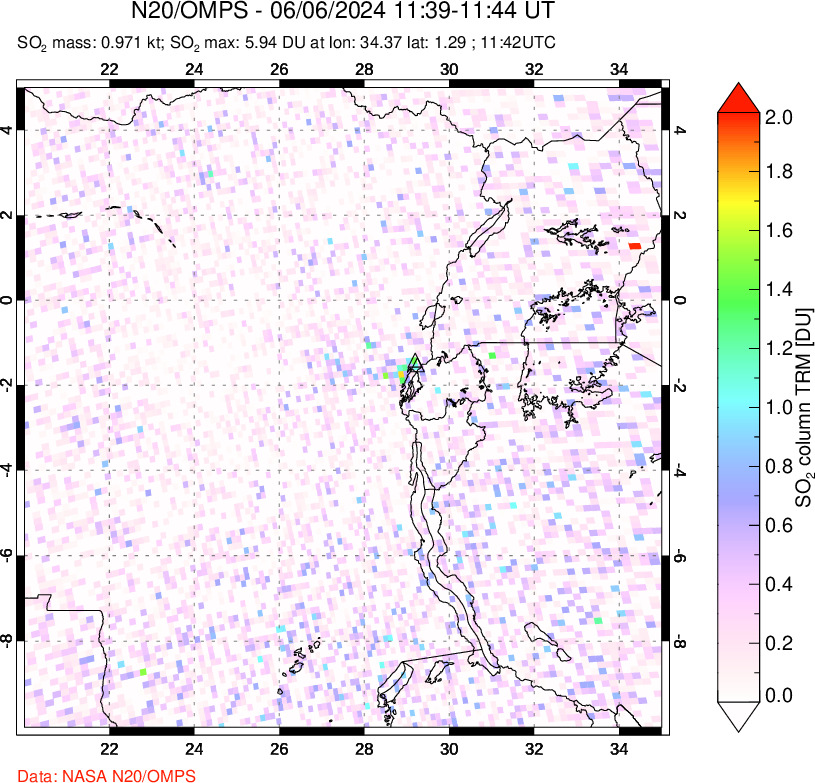 A sulfur dioxide image over Nyiragongo, DR Congo on Jun 06, 2024.