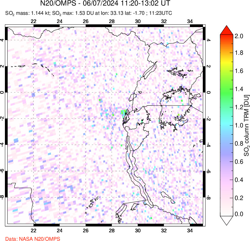 A sulfur dioxide image over Nyiragongo, DR Congo on Jun 07, 2024.